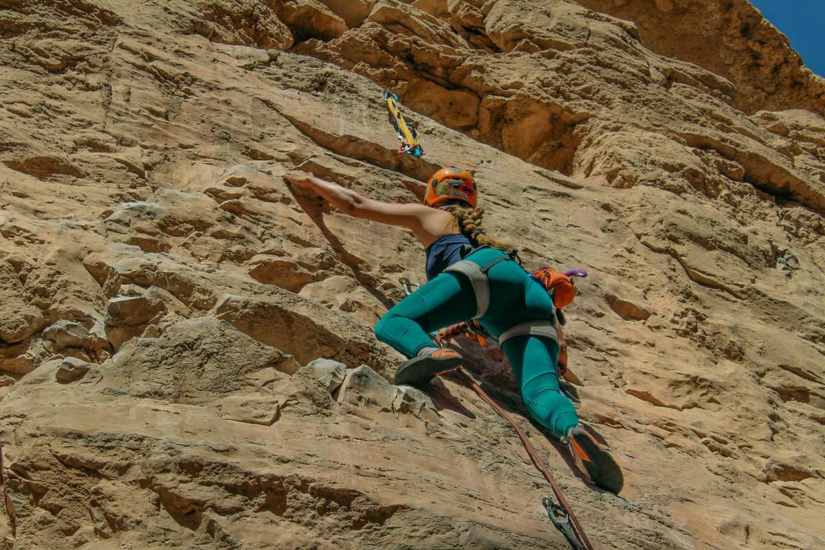 Close-up of freedom free climbing tights showing gusseted crotch and offset seams for unrestricted movement